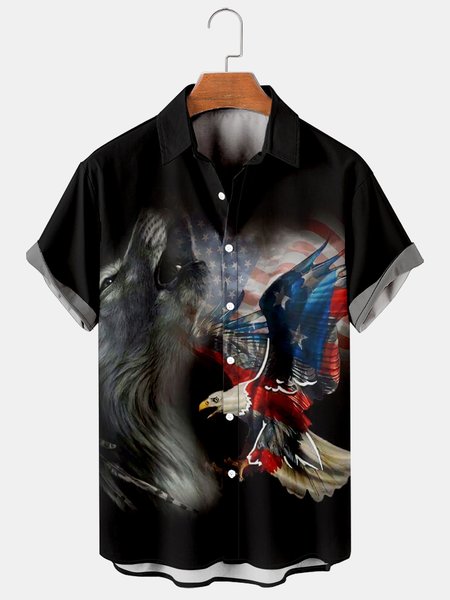 

Flag Pattern Men's Casual Chest Pocket Short Sleeve Bowling Shirt, As picture, Men's Floral shirt