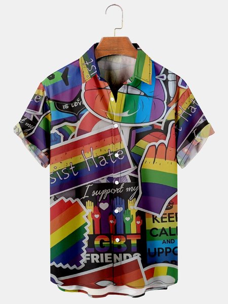 

Mens LGBT Art Print Casual Breathable Short Sleeve Shirt, Black, Men's Floral shirt