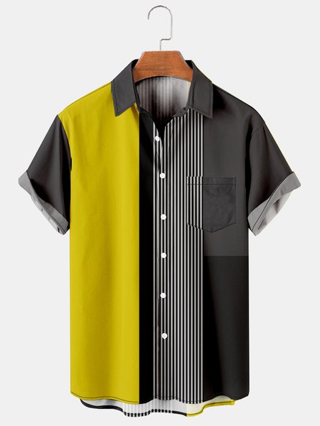

Men's Line Print Casual Fabric Fashion Hawaiian Lapel Short Sleeve Shirt, Yellow, Men's Floral shirt
