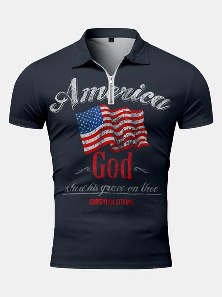 

Casual Style Festival Series Independence Day Flag Element Lapel Short-Sleeved Polo Print Top, Black, Men's t-shirts