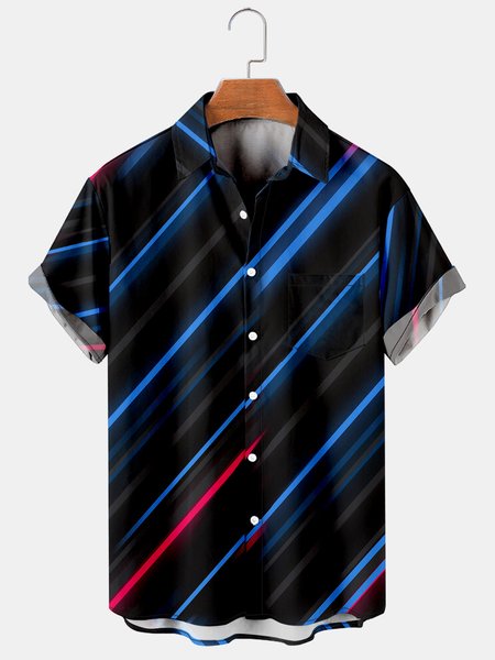 

Men's Basic Striped Casual Short Sleeve Hawaiian Shirt with Chest Pocket, Black, Men's Floral shirt