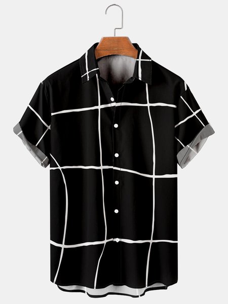 

Men's Line Print Casual Fabric Fashion Hawaiian Lapel Short Sleeve Shirt, Black, Men's Floral shirt