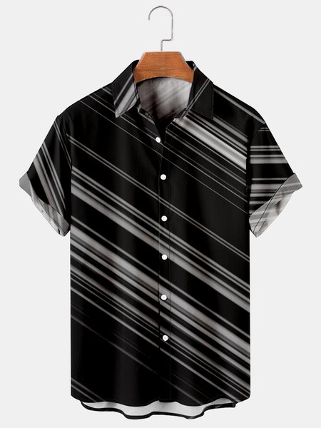 

Men's Line Print Casual Fabric Fashion Hawaiian Lapel Short Sleeve Shirt, Black, Men's Floral shirt