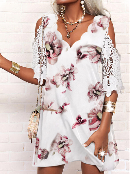 

V Neck Vacation Short Sleeve Knit Dress, White, Dresses