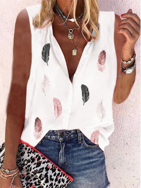 

Loosen Shirt Collar Casual Feather Sleeveless Blouse, White, Blouses & Shirts