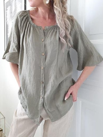 

Loosen Cotton Blends Casual Short Sleeve Tops, Army green, Blouses & Shirts