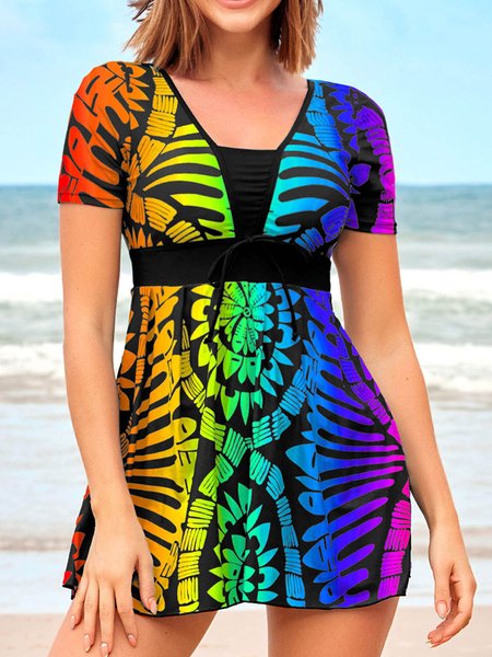 

Beach Resort light and shadow rainbow gradient fit X-shaped waist closing medium length top T-shirt Plus Size, Multicolor, Shirts & Blouses