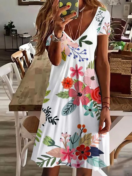 

Boho Floral V Neck Short Sleeve A-line Dress, White, Mini Dresses
