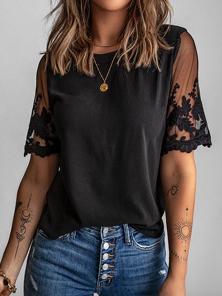 Casual Mesh Loosen Short Sleeve Tops, Black, Tops