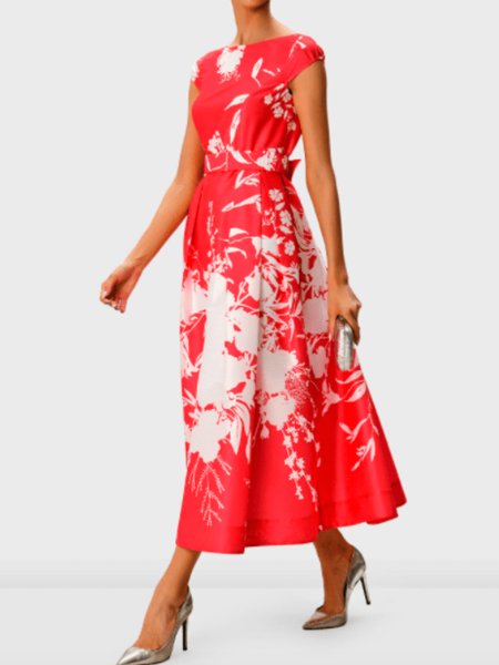 

Summer Crew Neck Lightweight Elegant Short Sleeve Woven Dress, Red, Maxi Dresses