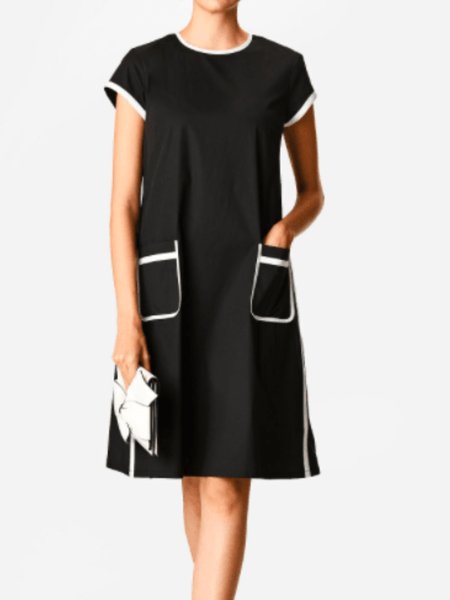 

Summer Crew Neck A-line Elegant Short Sleeve Woven Daily Dress, Black, Midi Dresses