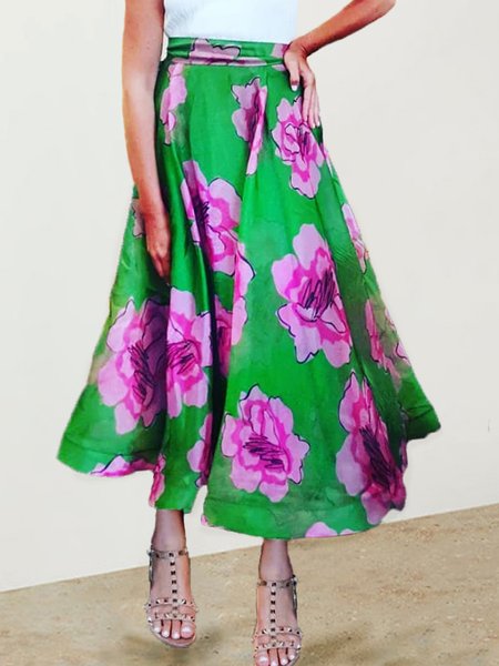 

Vacation Elegant Floral Printed Midi Skirt, Green, Maxi Skirts