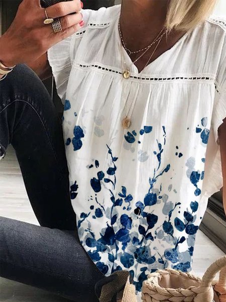 

V Neck Casual Short Sleeve Tops, White, Tops