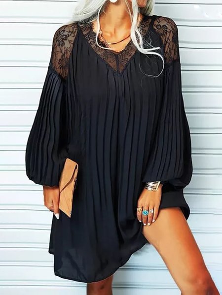 

Lace Plain Casual V Neck Long Sleeve Woven Dress, Black, Mini Dresses