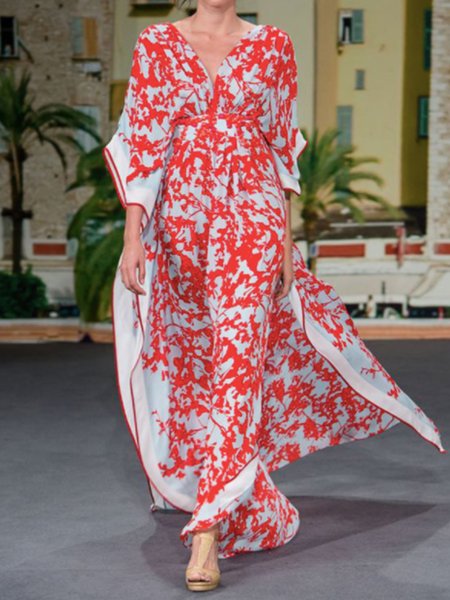 

Summer Lightweight Vacation V Neck Short Sleeve Woven Non-Stretch Dress, Red, Maxi Dresses