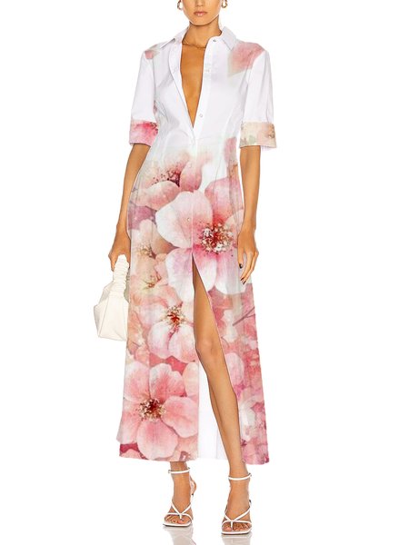 

Vacation Floral Regular Fit Short Sleeve Maxi Dress, Pink, Midi Dresses