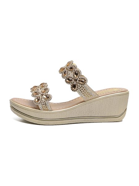 

Rhinestone Floral Boho Wedge Sandals, Golden, Women Shoes>>Women's Shoes>>Women sandals Slippers