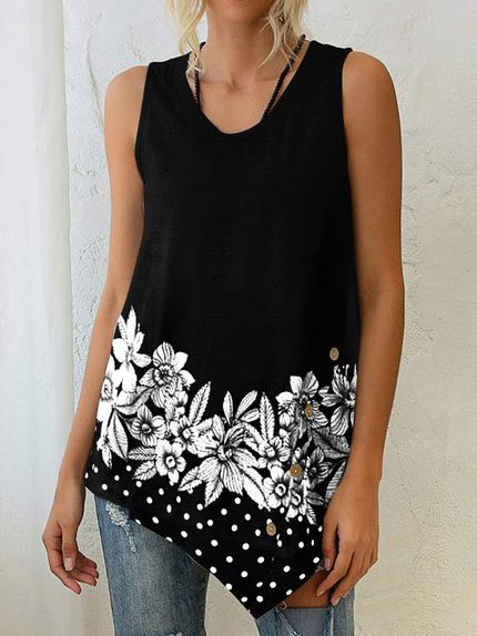 

V Neck Floral Knit Tank, Black, Tanks & Camis