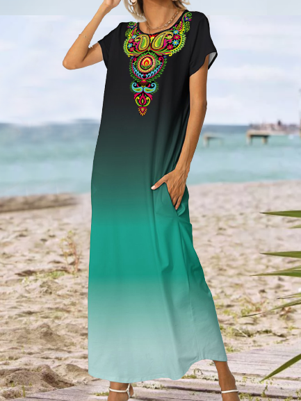 

Black and Green Ombre Folk Print Pocket Short Sleeve Beach Resort Maxi Dress Vacation Short Sleeve Knit Dress, Dresses