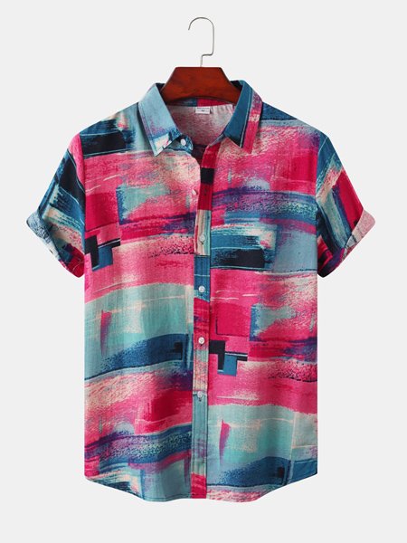 

Men's Loose Stand Collar Ethnic Pattern Print Short Sleeve Shirt, Multicolor, Shirts ＆ Blouse
