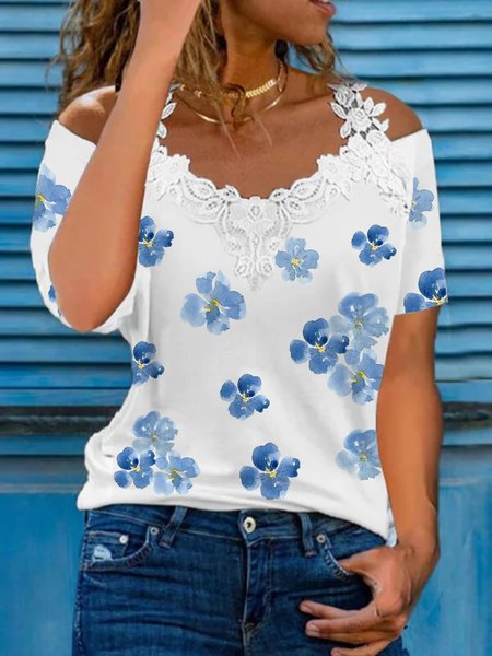 

Casual Floral Short Sleeve V Neck Plus Size Printed Tops T-shirts, Blue, T-Shirts