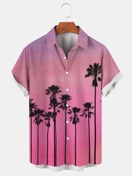 Mens Coconut Print Lapel Loose Short Sleeve Trendy Hawaiian Shirt, Purplish red, Men's Floral shirt