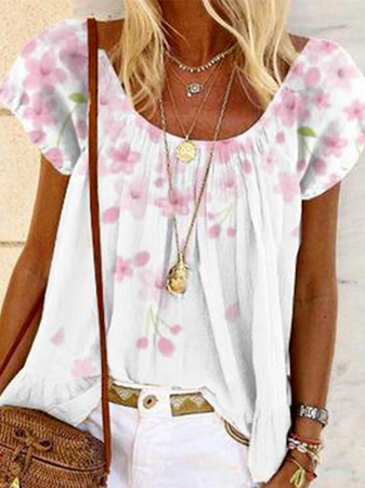 

Floral Regular Fit Casual Scoop Neckline Short Sleeve Tops, White, T-Shirts