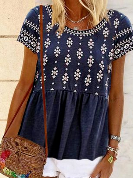 

Casual Tribal Vintage Short Sleeve Tops, Navy blue, Shirts & Blouses