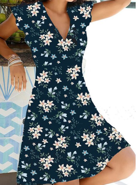 

V Neck Vacation Regular Fit Short Sleeve Woven Dress, Flower, Mini Dresses