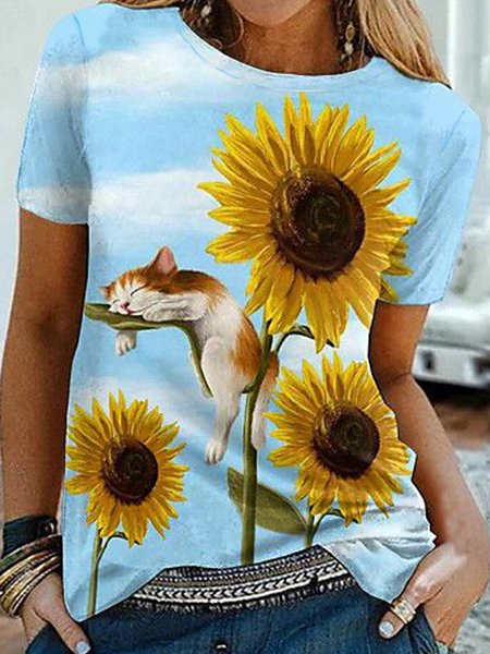 

Vacation Sunflower Cat Floral Printed Loosen Crew Neck Short Sleeve T-Shirt, Flower, T-Shirts