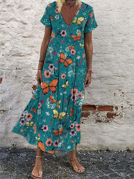 

Plus size Floral Butterfly Printed Short Sleeve Dress, As picture, Maxi Dresses
