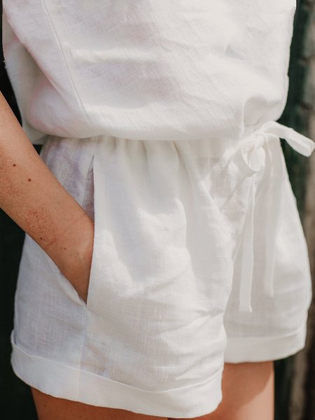 

Plain Casual Lace-Up Shorts, White, Shorts