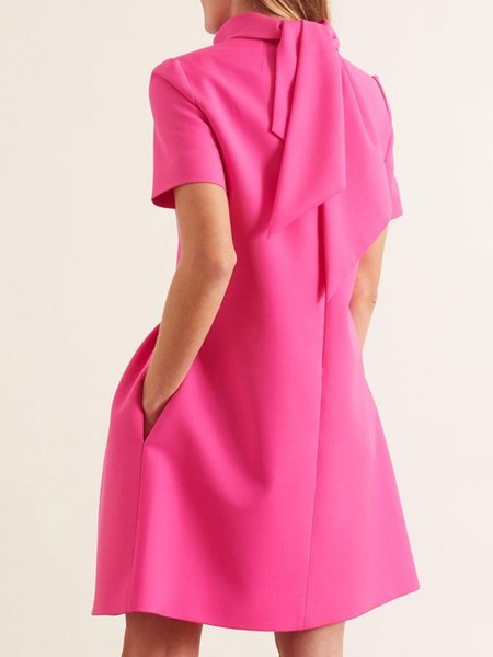 

Plain Elegant Tie Neck Short Sleeve Woven Dress, Rose red, Mini Dresses