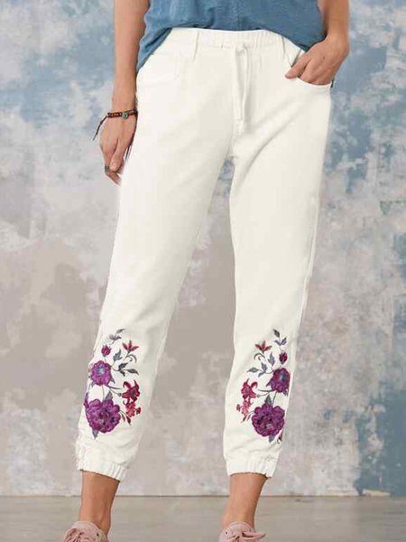 

Floral Loosen Casual Pants, White, Pants