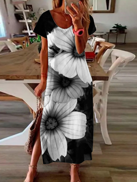 

Floral Vacation Short Sleeve Knit Dress, Black, Dresses