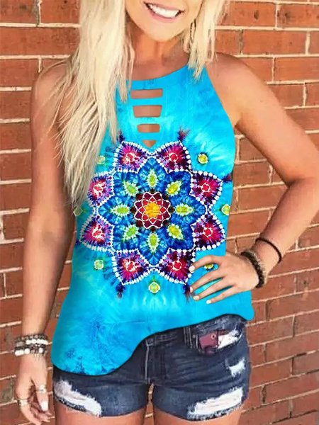 

Vacation Tribal Halter Knit Tank, Blue, Tanks & Camis