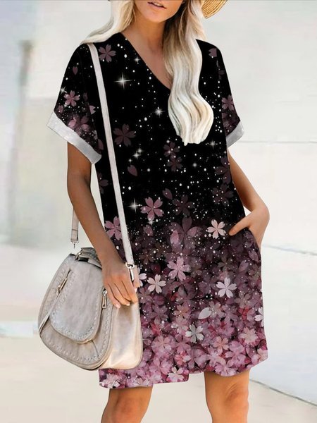 

Floral V Neck Short Sleeve Woven Dress, Black, Dresses