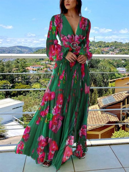 

Vacation Long Sleeve Floral V Neck Regular Fit Maxi Dress, Green, Maxi Dresses