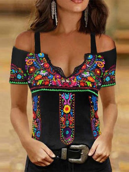

Tribal Lace V Neck Short Sleeve Plus Size Casual T-Shirt, Black, T-Shirts