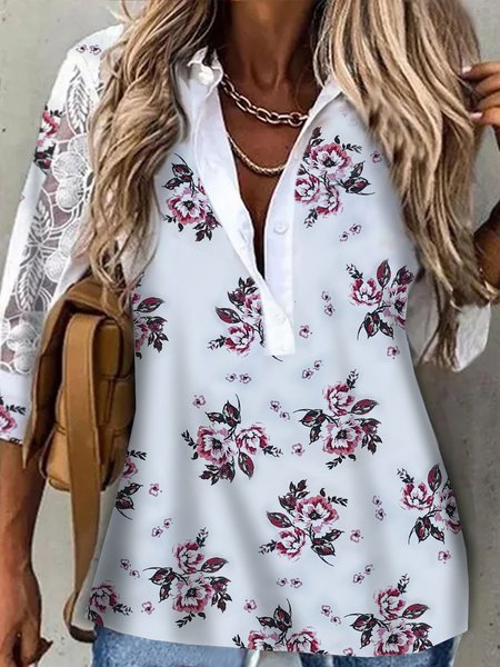 

Floral Vacation Lace Patchwork Casual Loosen Shirt Collar Mid Sleeve Blouse, White, Blouses & Shirts