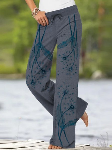 

Casual Vacation Dandelion Print Draw String Loosen Long Pants, Gray, Pants