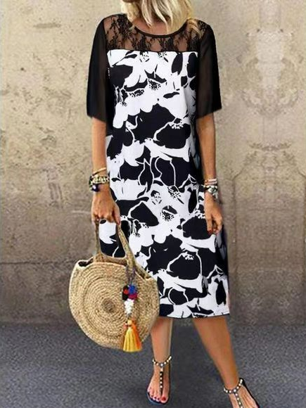 

Vacation Half Sleeve Floral Loosen Short Sleeve Woven Dress, Black, Dresses