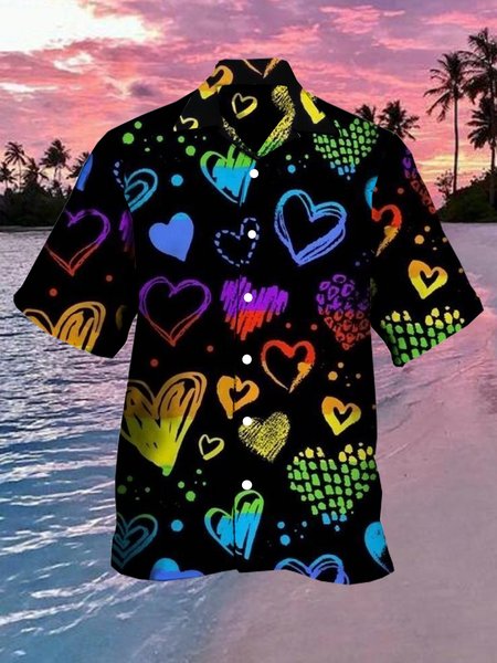 

Men's Heart Print Casual Short Sleeve Hawaiian Shirt, Black, Men's Floral shirt