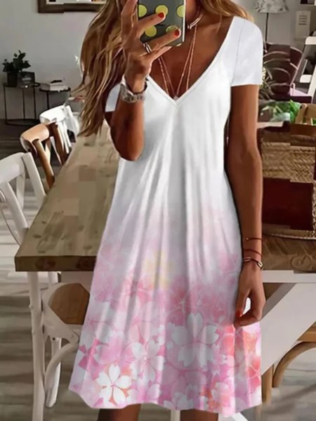 

Casual Floral Short Sleeve V Neck Plus Size Printed Dress, Pink, Mini Dresses