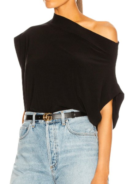 

Summer Lightweight Asymmetrical Neck Short Sleeve Daily Tops, Black, Tops