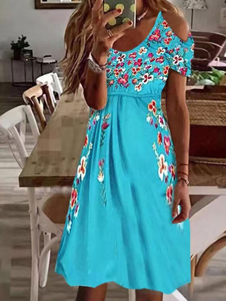 

Cotton Blends Regular Fit Floral Short Sleeve Knit Dress, Blue, Dresses