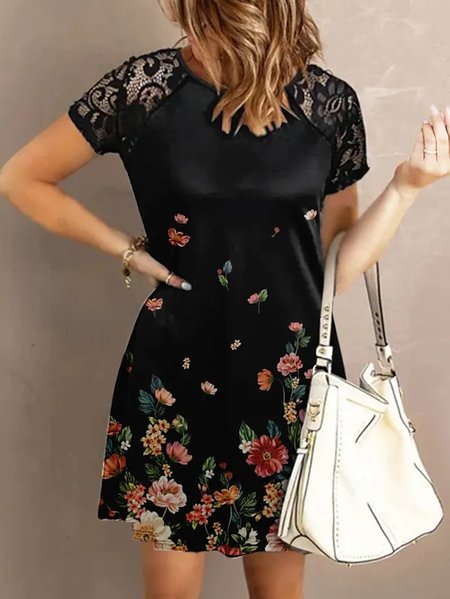 

Casual Floral Lace Short Sleeve Knit Dress, Black, Dresses