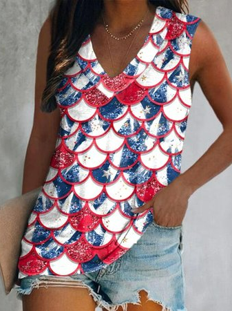

V Neck Casual Geometric Knit Tank, Multicolor, Tanks & Camis