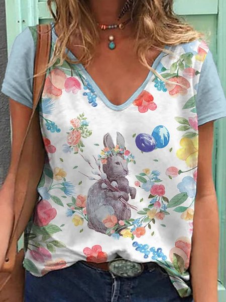 

Floral V Neck Casual Short Sleeve T-Shirt, Blue, T-Shirts
