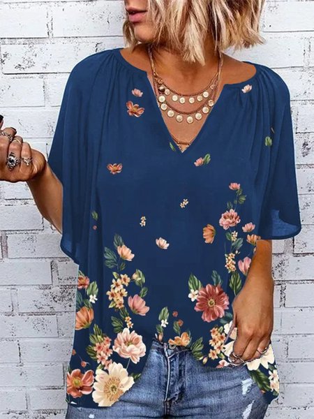 

Floral Half Sleeve Notched Plus Size Casual Tops, Blue, Tops